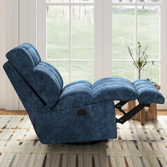 Modern 360° Swivel Rocker Recliner Chair for Adults Chenille Upholstered Manual Recliner Chair with Adjustable Backrest Soft Nursery Rocking Chair for Living Room Small Spaces (Blue/60)