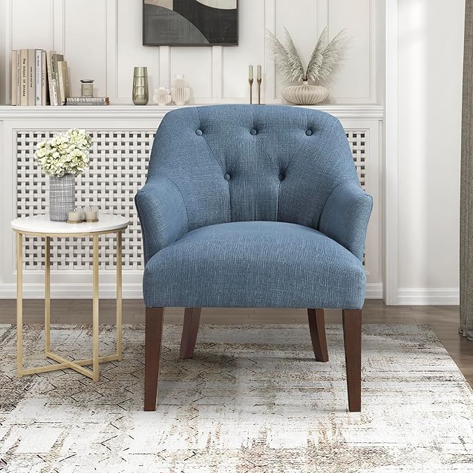 Lexicon Modern Accent Chair Textured Fabric Upholstered Arm Chair with Button Tufted Back Sloped Flared Arms and Wooden Legs for Living Room/Bedroom Blue