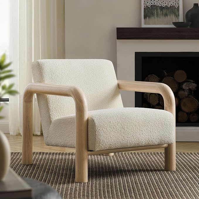 Modway Sereno Modern Boucle Fabric Accent Chair in Cream Oak with Rounded Wood Armrests – Upholstered Lounge Chair for Living Room or Bedroom