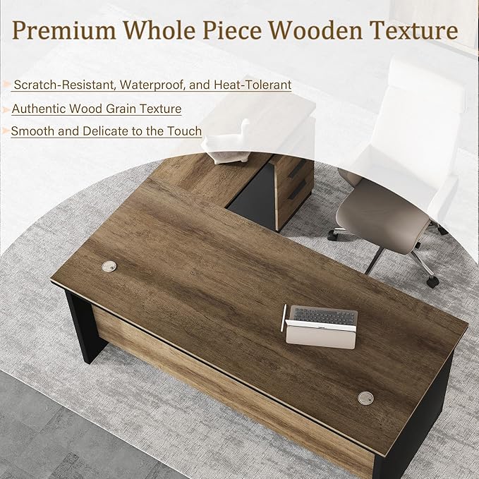 SAINTCY 63 Inch L-Shaped Executive Desk Industrial Modern Wood Office Desk with 3 Drawers Built-in Cable Management &amp Power Outlet Real Wood Finish Reversible Left/Right Return Home Workstatio
