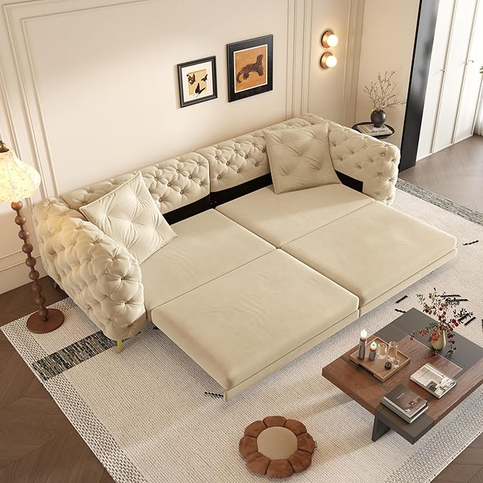 Ball &amp Cast 3-in-1 Convertible Sleeper Sofa with Movable Ottoman97.7 Velvet Pull Out Sofa Bed Modern Button Tufted 4-Seater Sofa Couch with Deep Seat for Living Room ApartmentOfficeApricot