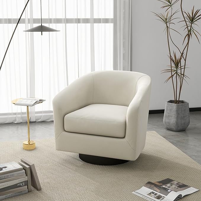 UIXE 360° Swivel Barrel Accent Chair Armchair Modern Round Club Arm Chair Upholstered Living Room Single Sofa Seating Bedroom Side Reading Seat in Fabric for Home Office (Beige)