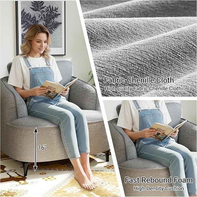 36 Lounge Chair with Metal Leg Accent Chair with Plush Chenille Upholstery Ergonomic Back &amp Boneless Comfort for Living Room Bedroom Office No-Assembly Grey