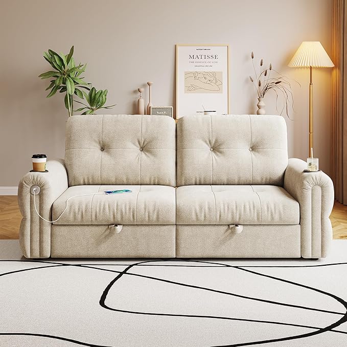80.4 Queen Sleeper Sofa Bed 3 in 1 Convertible Pull Out Couch with USB Ports &amp Cup Holders Modern Chenille Loveseat Sofabed with Adjustable Backrest for Living Room Bedroom Apartment