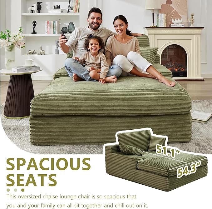 Hanherry 54x71 Oversized Chaise Lounge Sofa Chair Indoor Corduroy Memory Foam Couch Plush Reading Chair Upholstered Sofa Bed Couches with 2 Throw Pillows for Living Room Bedroom No Assembly