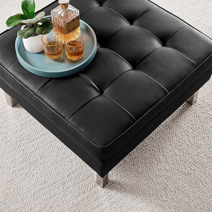 Modway Loft Tufted Button Faux Leather Upholstered Square Ottoman in Silver Black