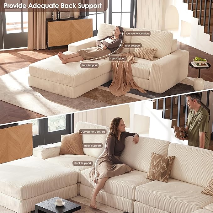 Modular Sectional Sofa 120.47 Modern Cloud Couch Sectional Sofa with U-Shaped Chaise Comfy Corduroy Fluffy Couch with Deep Seat Boneless couches for Living Room Bedroom White
