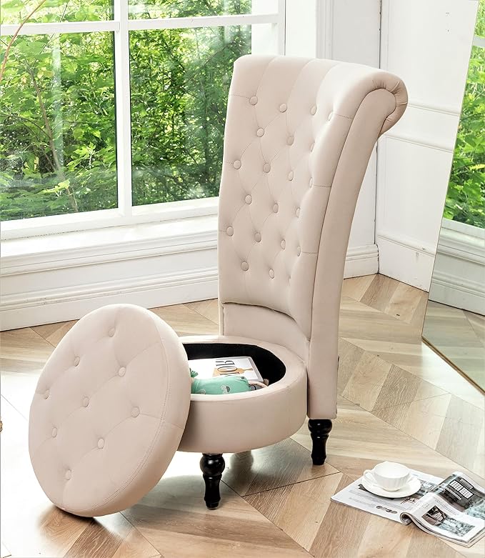 Royal High-Back Velvet Accent Chair for Vanity with Storage and Luxurious Upholstery Retro Design and Versatile Usage for Living Room Bedroom Lounge and Office Ivory