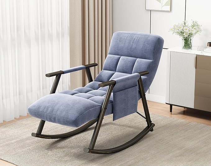 Folding Upholstered Rocking Chair Casual Lounge Chair with Adjustable High Back and Footrest Side Pockets Suitable for Living Room Bedroom or Balcony.