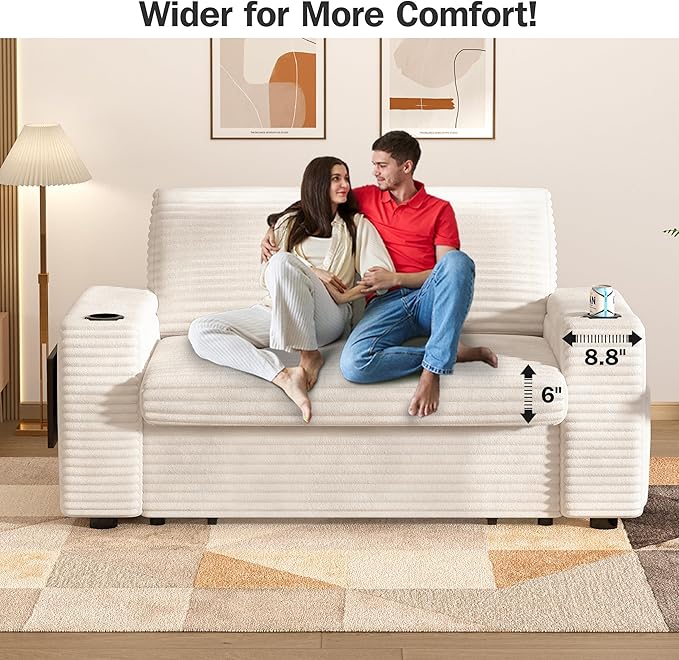 Vipbear 65 Loveseat Sleeper Sofa with Pull Out Bed Plush Corduroy 3-in-1 Convertible Sofa Bed with Reclining Backrest|USB Ports|Cup Holders|Side Table|Storage Armrests Tool Free Assembly Beige