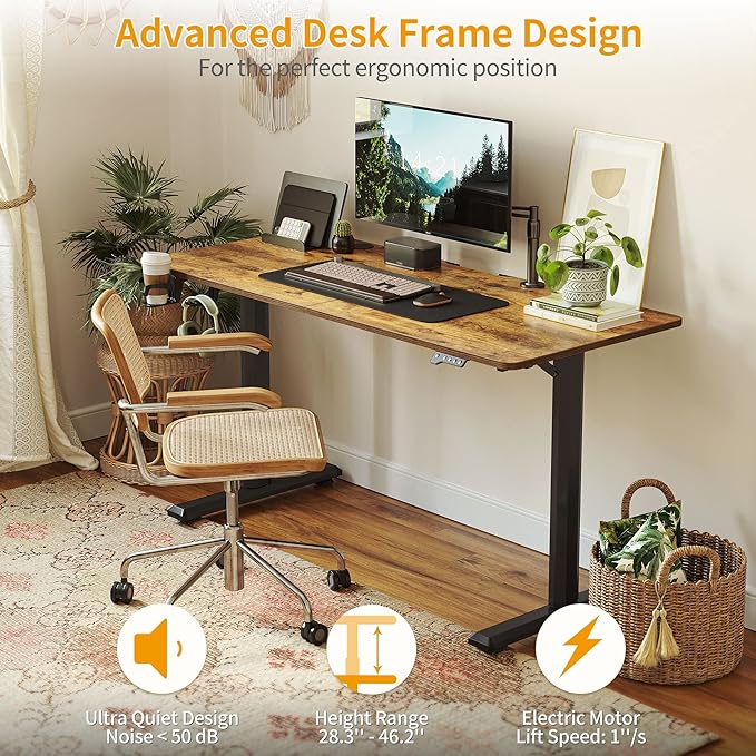 CubiCubi Height Adjustable Electric Standing Desk 55 x 24 Inches Stand Up Table Sit Stand Home Office Desk with Splice Board Rustic Brown Top