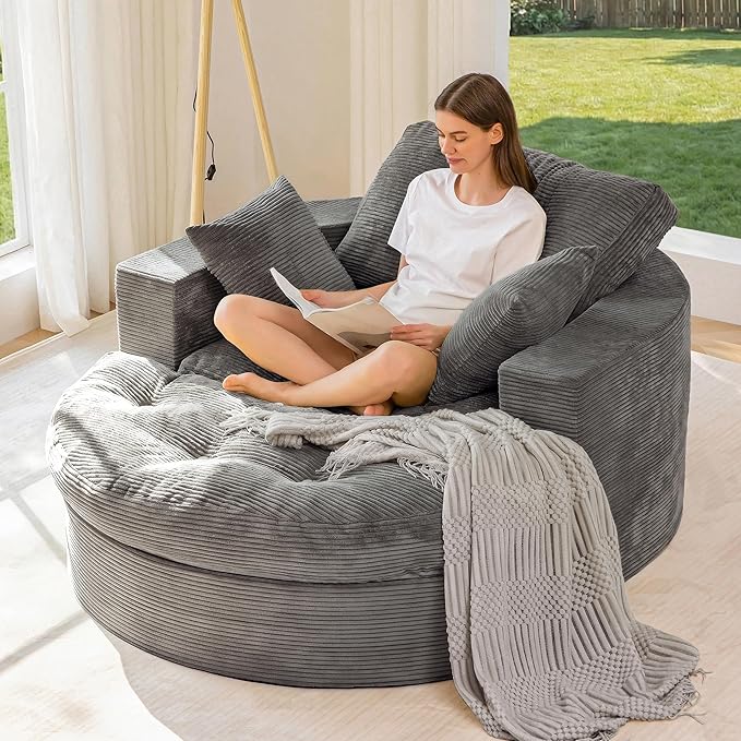 MAXYOYO Modular Sectional Chaise Lounge Sofa Round Upholstered Lounge Chair with Ottoman Comfy Couch with Layered Cushion Tufted Sleeper Chair for Living Room No Assembly Dark Grey