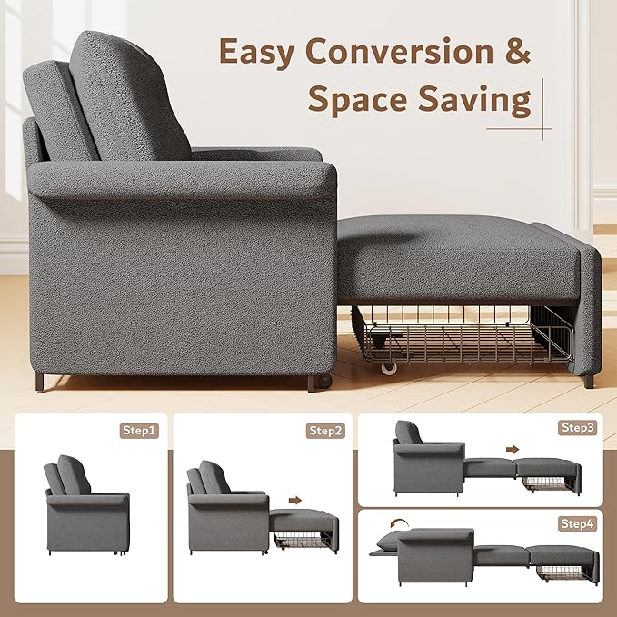 Sofa Bed Chair 3-in-1 Convertible Sleeper Chair with Storage Drawer Lambswool Fabric Pull Out Couch with Adjustable Backrest for Living Room Bedroom Office Dark Gray