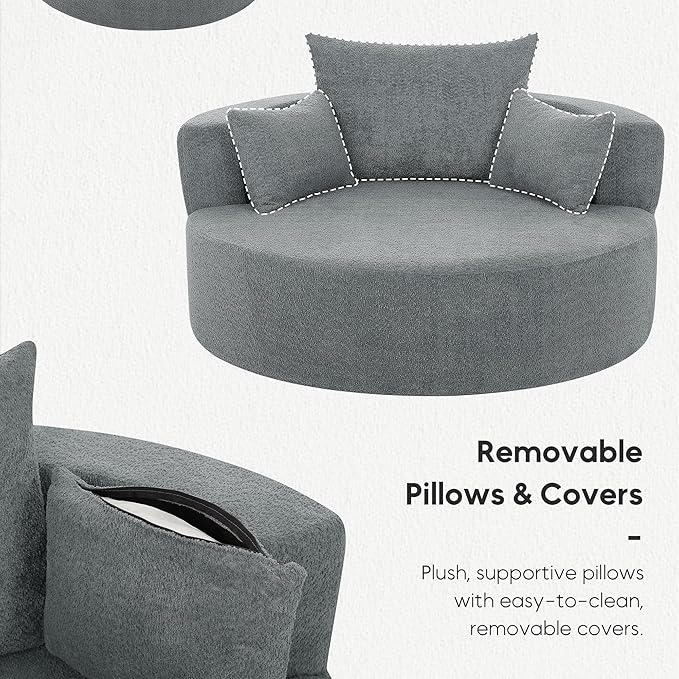 Oversized 360° Swivel Barrel Chair for Living Room Modern Comfy 56.3'' Round Boucle Reading Accent Chair with Extra Wide &amp Deep Seat Overstuffed Cushions Easy Assembly Slate Grey