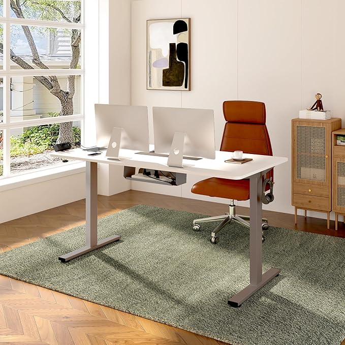 FLEXISPOT EN2 Whole-Piece Standing Desk with Clamp Power Strip 40 x 24'' Electric Stand Up Height Adjustable Desk with Cable Management (Gray Frame + 40 White Top 2 Packages)