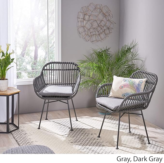 Christopher Knight Home Rodney Indoor Woven Faux Rattan Chairs with Cushions (Set of 2) Dark Gray Finish
