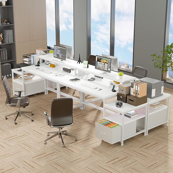 EnHomee 57 Office Desk with Drawers and Printer SpaceComputer Desk with Power OutletsHome Office Desks with File Drawers CabinetStudy Writing and Gaming Desk with Shelves Monitor StandWhite