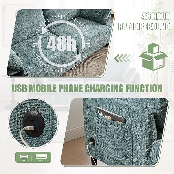 69” Modern Chenille Loveseat Sofa Couch Upholstered 2 Seat Love Seat Deep Seat Small Couch with LED Light and Sturdy Wood Legs for Living Room Bedroom Apartment (Lake Blue)