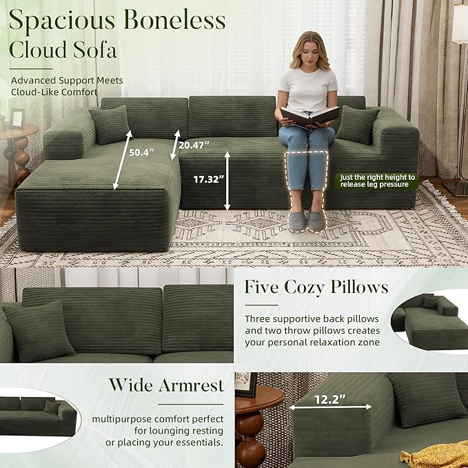108 Cloud Sectional Couch with L-Shape ChaiseModern Corduroy Boneless Sofa with Deep SeatWide Armrest High Rebound Living Room Sectional CouchNo Assembly Required (Left ChaiseGreen)