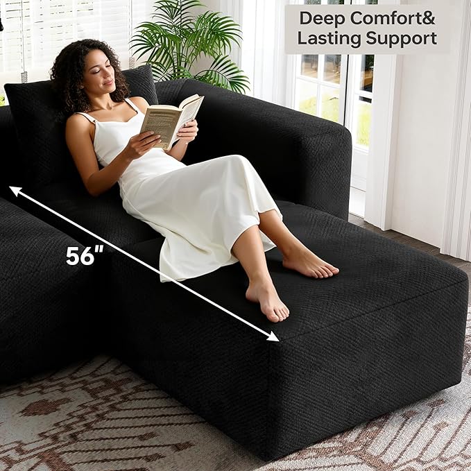 103 Boneless Sectional Couch Sofa - Black Cloud Couches for Living Room Faux Fur Modular Sofas with Deep Seat L-Shaped Couch with Movable Ottoman No Assembly Required