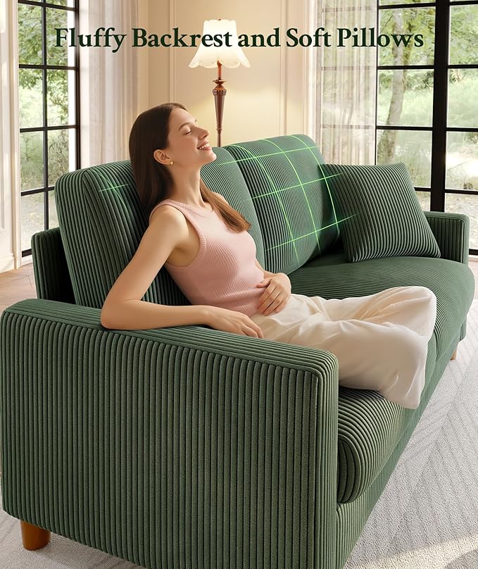 70.2 Couches for living room Comfy U Shaped Couch Green 7.1 Thicker Cushion Sofas for Living Room Tool-Free Setup Loveseat with Ottoman 7058lbs Support Corduroy Couch for Bedroom Office