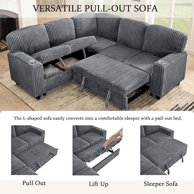 KEIKI 81 L-Shaped Oversized Corduroy Modular Sectional Sleeper Sofa with Pull-Out Bed Storage Seat Modern 5-Seater Upholstered Couch Bed with Charging Station Easy Assembly for Living Room Grey
