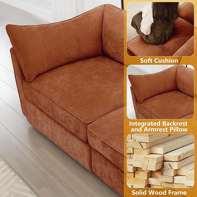 Aoowow Modular Sectional Sofa with Pullout Storage Seat 146.4” Chenille Comfy 4-Seat Sofa Couch Upholstered Deep Seat Couches with Armrests for Living Room Apartment OfficeOrange