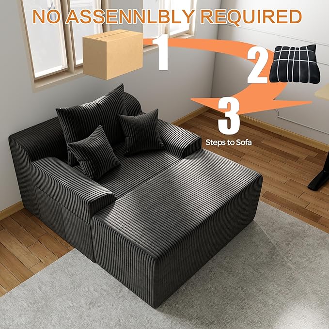 LSSBOUGHT 60'' Chaise Lounge Chair Indoor Oversized Upholstered Sofa Bed Sleeper Couch Reading Chairs Plush Corduroy Fabric Sofas Couches for Living Room (Black)