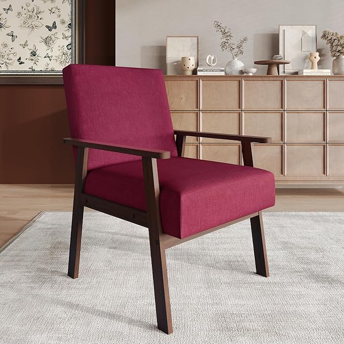 Mid-Century Modern Accent Chair Linen Upholstery Wooden Armrests Cushioned Seat Easy Assembly Pink