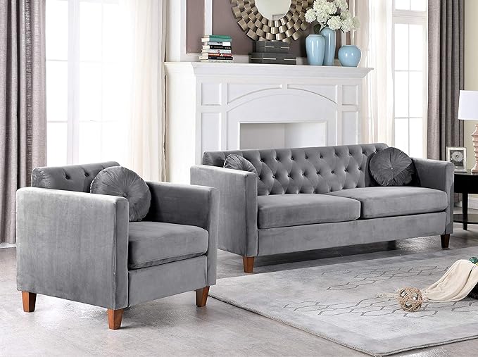 Persaud Living Room Chair with Classic Chesterfield Velvet Upholstery Ideal for Home Apartment and Office Chair Silverish Grey