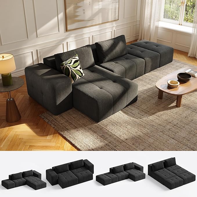 wanan 141 Boneless Couch for Living Room Oversize Cloud Sectional Sofa with Deep Seat L Shaped Modern Cloud Sleeper Sofa Bed with Chaise Black
