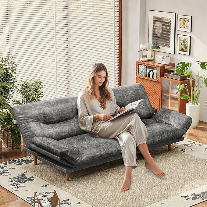 JUMMICO Convertible Futon Sofa Bed Sleeper Futon Couch with Adjustable Backrest and Armrests Modern Loveseat with Sturdy Wood Frame for Small Spaces Apartments (Leathaire Gray)