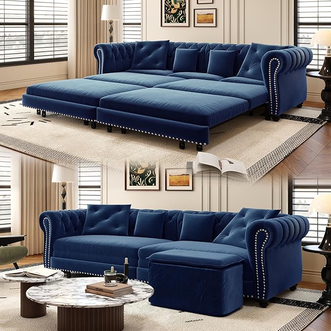 3-in-1 Pull Out Sofa Bed - 89 King Size Convertible Sleeper Sofa Large Velvet 3-Seater Sofa with Movable Ottoman Sleek Rivet Detailing Tufted Design Pull Out Couch (Blue)