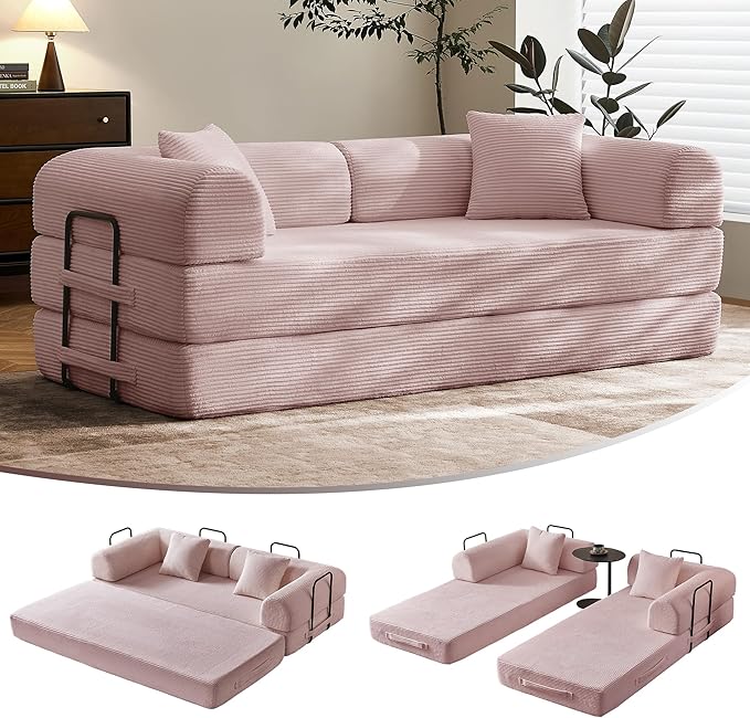 79 Floor Sofa Bed Convertible 5-in-1 Sleeper Sofa with Non-Slip Base Corduroy Couch Expandable Design No Tools Needed for Home Guest Room (Pink)