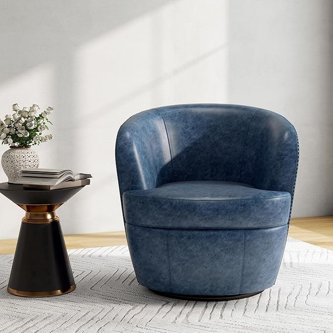 Swivel Barrel Chair Modern Round PU Leather Accent Armchair for Living Room Bedroom Comfy Club Reading Chairs for Adults (Leather Navy Blue Set of 2)