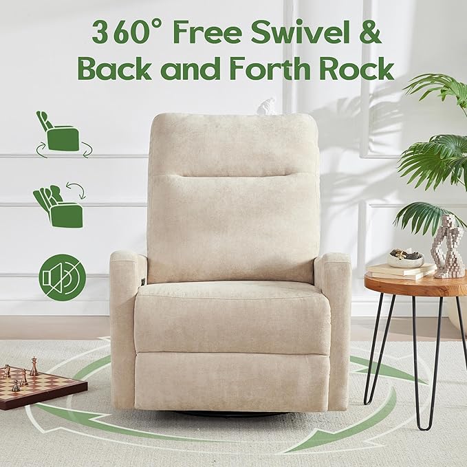 Oversized Swivel Rocking Chair Ergonomic Recliner Chair with Phone Holder Lazy Boy Fabric Sofa Chair with Lumbar Support Manual Glider Chair for Living Room RV Beige