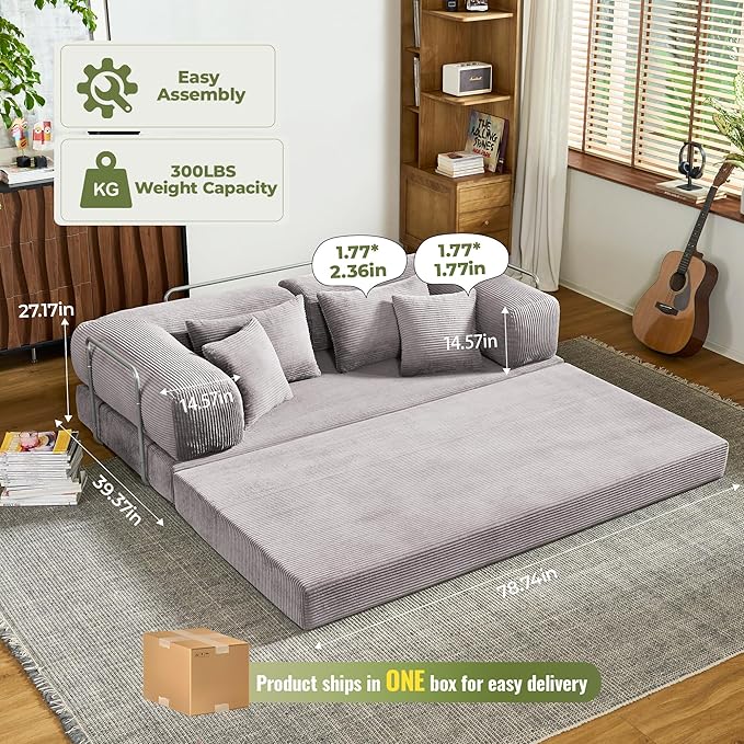 78 Inch Convertible Sofa Bed Corduroy Boneless Couch with Fixed Frame and 4 Pillows Modular Sectional Couch for Living Room Bedroom Studio Floor Bed Loveseat Sofa (Grey)