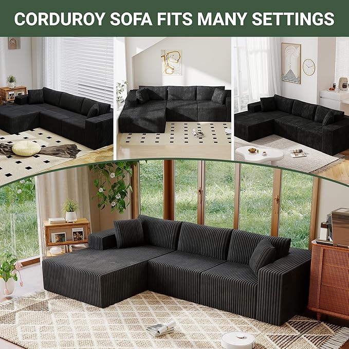 110 Modular Sectional Couch with L-Shaped Chaise Cloud Sectional Couch with Deep Seat Corduroy Sofa for Living Room Bedroom No Assembly Required (Left Facing Chaise) Charcoal Black