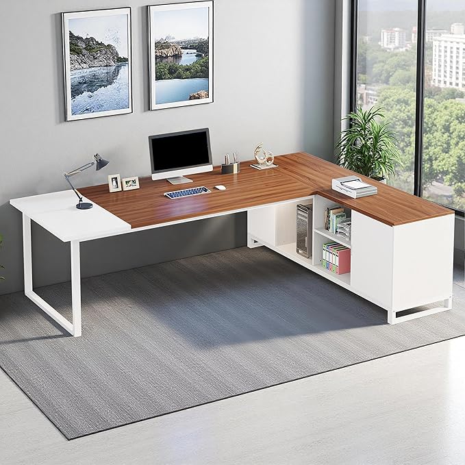 Oigavfd 70.8 L Shape Executive Desk with File Cabinet and Printer Stand L Shaped Computer Desk with Storage and Metal Frame Corner Desk for Home Office (Walnut White)