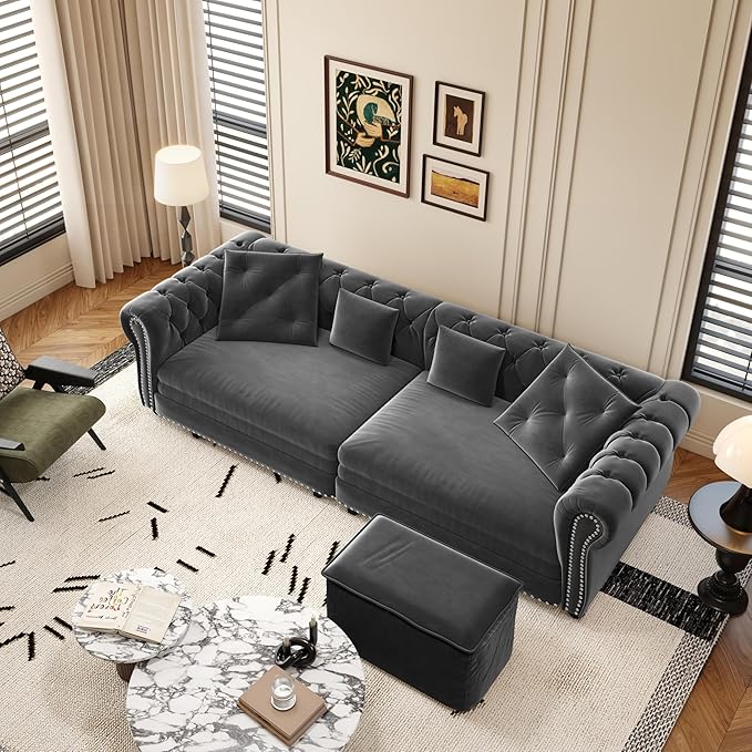 Eafurn 3 in 1 Oversized Chesterfield Loveseat Sofa Convertible Pull Out Sleeper Sofabed King Size Couch Bed w/Movable Ottoman and Nailhead Trim for Living Room Tufted Velvet Recliner Daybed Sofacama