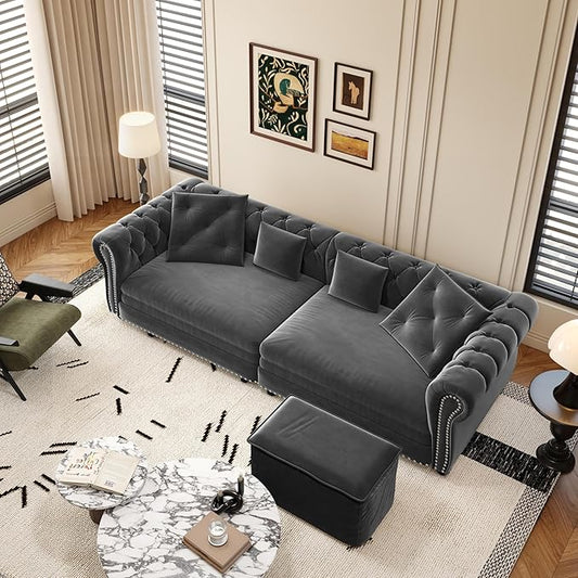 Eafurn 3 in 1 Oversized Chesterfield Loveseat Sofa Convertible Pull Out Sleeper Sofabed King Size Couch Bed w/Movable Ottoman and Nailhead Trim for Living Room Tufted Velvet Recliner Daybed Sofacama
