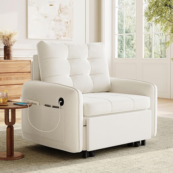 3-in-1 Convertible Sleeper Chair Bed Multi-Functional Chenille Single Sofa Bed with Storage Pockets and Box 80 Extra Long Pull Out Sleeping Lounge Chair for Living Room &amp Apartment (Beige35)
