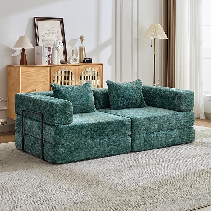 Convertible Floor Sofa Bed 3-Seat Modular Sectional Chenille Fabric No Assembly Required 118 inches Beige (2 Dark Green)