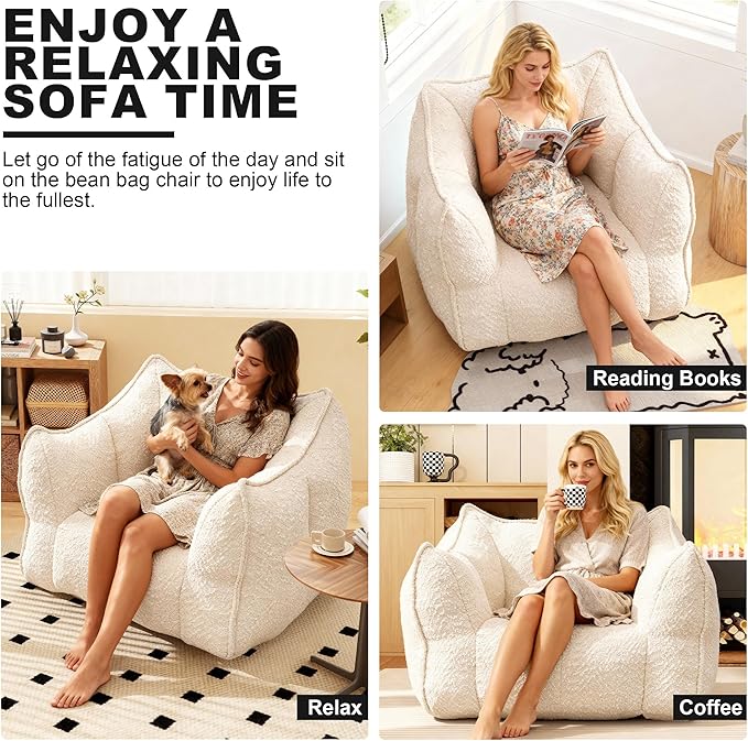 47.2 Inch Oversized 2 Piece Single Sofa Set Comfy Beanbag Chairs with Scratch-Resistant Pet-Friendly Chenille Modern Couch with Arms No Assembly Required Beige
