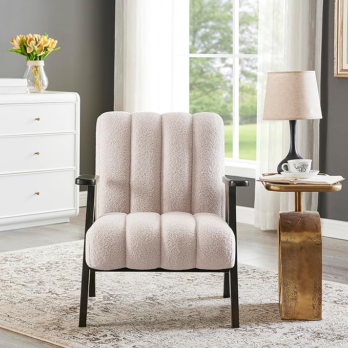 Roundhill Furniture Rella Modern Teddy Sherpa Accent Chair with Espresso Wood Frame Beige