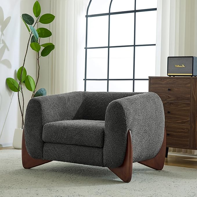 Christopher Knight Home Holly Modern Boucle Fabric Upholstered Club Chair for Living Room Home Office Apartment Relaxing Chair with Removable Cushion and Birch Wood Legs Dark Gray + Walnut