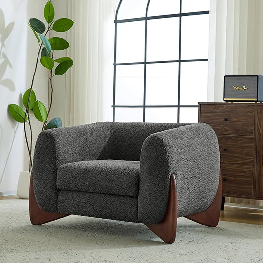 Christopher Knight Home Holly Modern Boucle Fabric Upholstered Club Chair for Living Room Home Office Apartment Relaxing Chair with Removable Cushion and Birch Wood Legs Dark Gray + Walnut