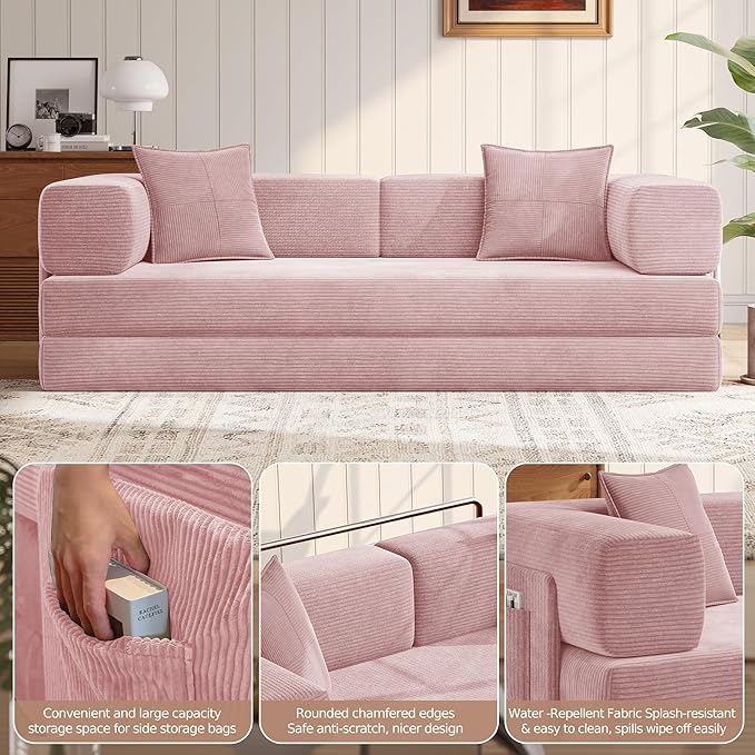 MoonSpeak 78.8''Sleeper Couch Bed for LivingroomConvertible Modular Sofa with Armrest PillowModular Foldable Corduroy Couches in a BoxNo Assembly (Pink)