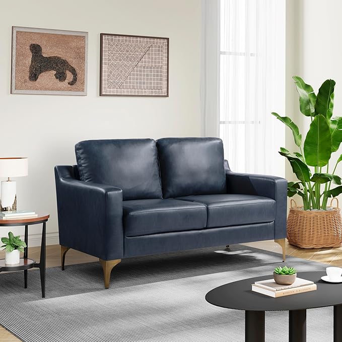 Serta Triton 55.5 Loveseat Transitional Modern Dreamcoil Comfort Metal Legs Vegan Leather Navy Blue