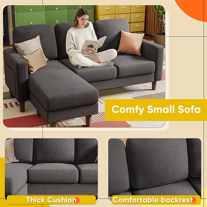 YESHOMY Couch for Living Room Small L-Shaped Couch with Convertible Chaise Comfy Sectional Sofa with Ottoman and Side Pockets for Small SpaceDark Grey